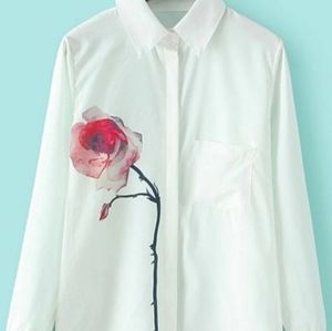 XXL shein rose flower long sleeve white blouse